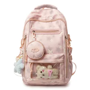 Dettaglio di uno zaino rosa con motivo a stelle e simpatici accessori a forma di orsetto