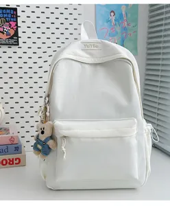 Sac à dos scolaire blanc de grande capacité avec porte-clés ours mignon pour élèves
