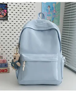 Sac à dos étudiant bleu clair esthétique avec un joli porte-clé en peluche d'ours