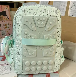 Cute star print student backpack with large capacity and multi compartments for school use.