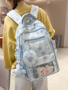 Zaino azzurro con motivo a stelle per ragazze, grande capacità con ciondolo in peluche