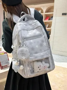 Zaino scolastico carino con motivo a stelle per ragazze, finestra orso e accessori.