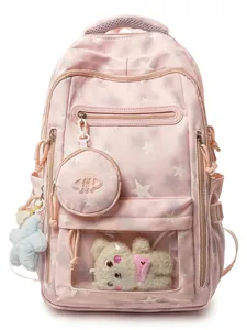 Zaino scolastico rosa con stelle, simpatici peluche e tasca trasparente frontale