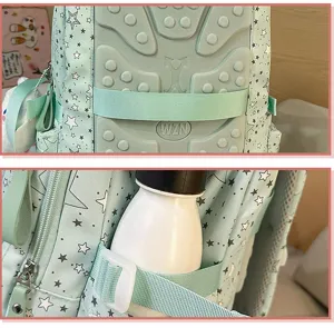 Cute star print student backpack detail view, multi-compartment casual school bag for girls.