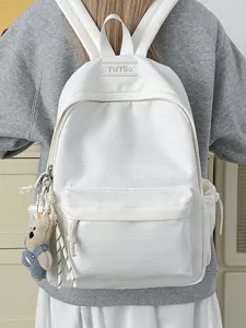 Sac à dos scolaire blanc minimaliste de grande capacité pour filles avec breloque ours