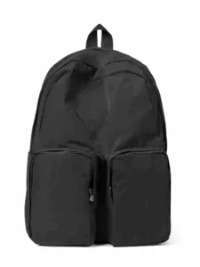 Minimalist large black backpack with double front pockets for daily school use.