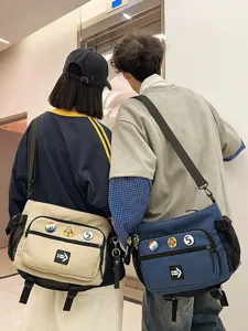 Large Capacity Messenger Bag For Men Women Workwear Style Student Tutor Bag Korean Nylon Crossbody Bag With Badge Decoration