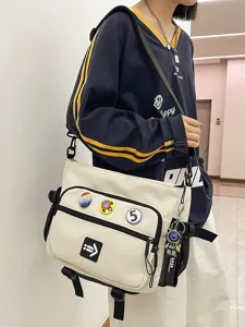 Large capacity white canvas messenger bag for students in Korean workwear style