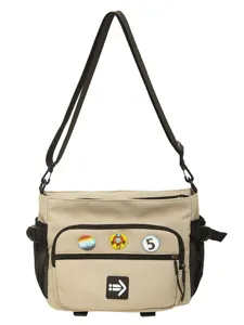 Large capacity unisex utility messenger bag in khaki with decorative pins