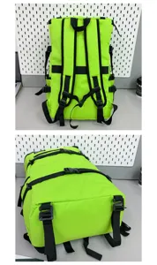 Achteraanzicht en bodemdetails van een grote limoengroene outdoor wandelrugzak voor reizen