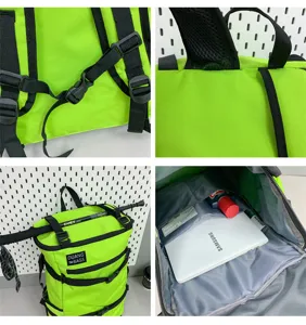 Detailweergaven van een groene wandelrugzak met laptopvak en stevige bevestigingsbanden