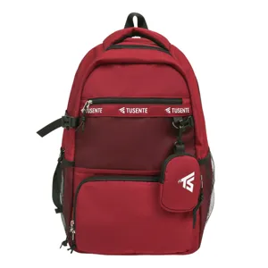 Vorderansicht roter College-Rucksack mit hohem Fassungsvermögen, Netzdetail und Etui.