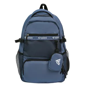 Großer blauer College-Rucksack mit mehreren Taschen und passender kleiner Zusatztasche