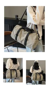 Lifestyle-weergaven van een beige minimalistische sporttas voor reizen