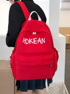 Sac à dos d'école rouge grande capacité avec broderie blanche de lettres HOKEAN