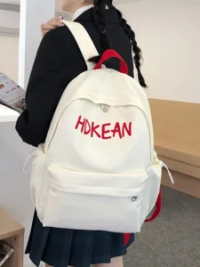 Sac à dos d'école blanc minimaliste avec lettres brodées rouges et grande capacité