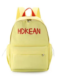 Sac à dos scolaire jaune léger avec lettrage brodé rouge HDKEAN et grande capacité d'école.