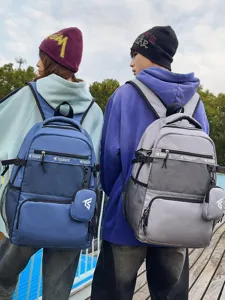 Hochkapazitärer Reiserucksack im College-Stil in Blau und Grau mit Netzstaschendesign
