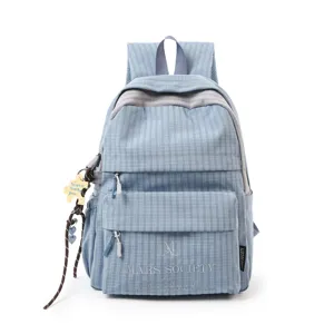 Grand sac à dos d'école à carreaux bleus avec logo Mars Society et breloque cœur