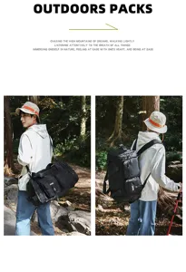 Model wearing a black large capacity outdoor backpack in a natural forest setting