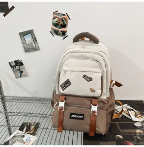 Detailed view of the campus style color-block backpack with cute decorative patches