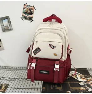 Modern contrast color student backpack with stylish patches for school and travel