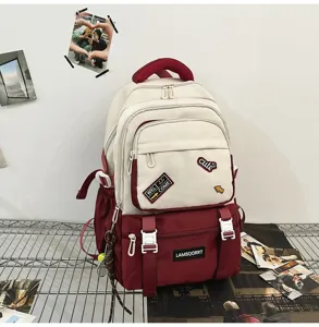 Stylish bicolor student backpack in beige and burgundy with cute decorative patches