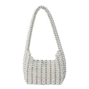 Elegante handgewebte weiße Perlen-Schultertasche mit durchbrochenem Design