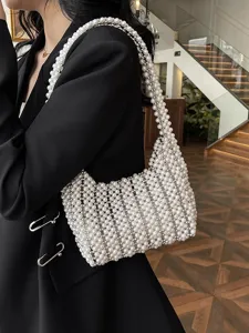 Handgewebte Unterarmtasche Aus Künstlichen Perlen Für Damen Süße Ajour-Umhängetasche Exquisite Pendler-Handtasche Weiße Elegante Perlenbörse