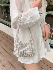 Elegante handgewebte hobo-umhängetasche für damen aus weißen kunstperlen, schickes design
