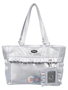 Silberne Ita-Tasche für Damen aus Satin mit transparentem Fach und Rüschenbesatz