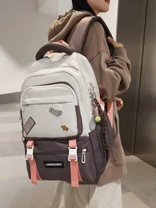 Premium stylish multi-color school backpack with cute patches and pink straps for girls