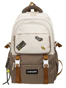 Stylish color-block student school backpack with cute patches and adjustable straps