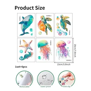 Dimensions et caractéristiques de l'ensemble de 6 stickers de baignoire animaux marins