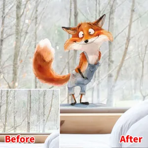 Comparison view showing playful cartoon fox window sticker before and after application