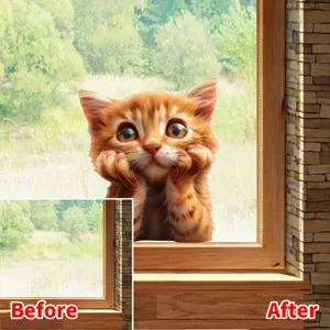Before and after effect comparison of a cute orange cat static cling window sticker.