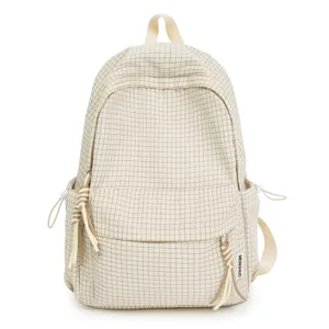 Sac à dos à carreaux style campus crème avec de jolis tirettes de zip tressées