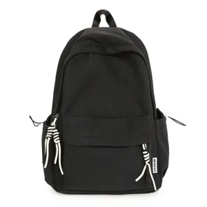Vue de face sac à dos scolaire noir à carreaux grande capacité avec détails de cordons blancs