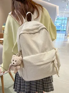 Sac à Dos Scolaire de Grande Capacité Style Preppy en Nylon Durable Motif de Grille Cartable pour Collégiens