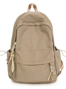 Sac à dos d'école à grand volume motif à carreaux kaki avec cordes décoratives de style