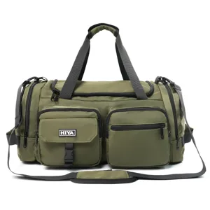 Detailed front view of an olive green sports gym duffel bag with multiple pockets