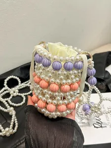 Mini Perlen Beuteltasche Handgewebte Umhängetasche Süße Farbblock Kordelzug Geldbörse Elegante Imitat Perle Schultertasche Für Damen
