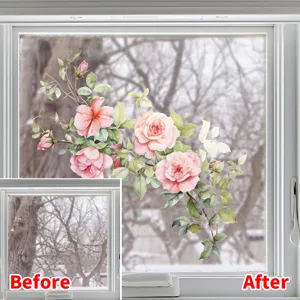Comparison view showing the before and after effect of a rose floral window sticker