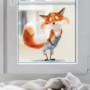 Close-up detail of a cute cartoon fox window sticker applied to a clear glass surface