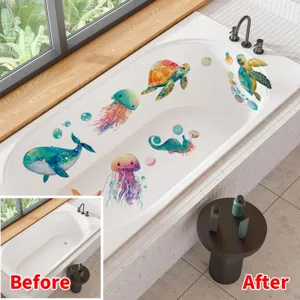 Comparaison avant et après de stickers de baignoire animaux marins sur bac blanc