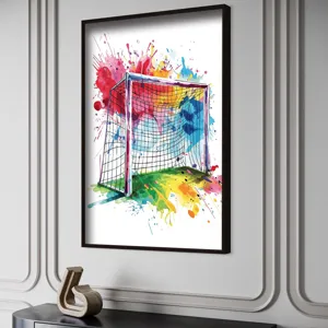 Modern abstract soccer goal wall art painting with colorful paint splashes in black frame