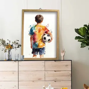 Macro detail of sports style watercolor canvas painting featuring a boy with a soccer ball