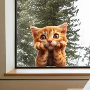Detailed macro view of a cute orange tabby cat window sticker with an adorable curious expression