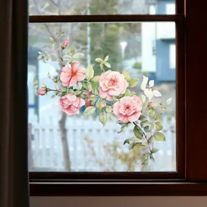 Detailed close-up view of fresh pink rose static cling window sticker on a glass pane