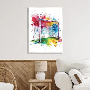 Colorful watercolor soccer goal art print displayed in a cozy modern living room setting